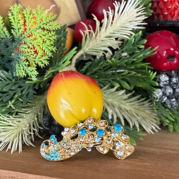 Women’s Vintage Peacock Elegant Gold and Blue Crystal Brooch Hair Clip